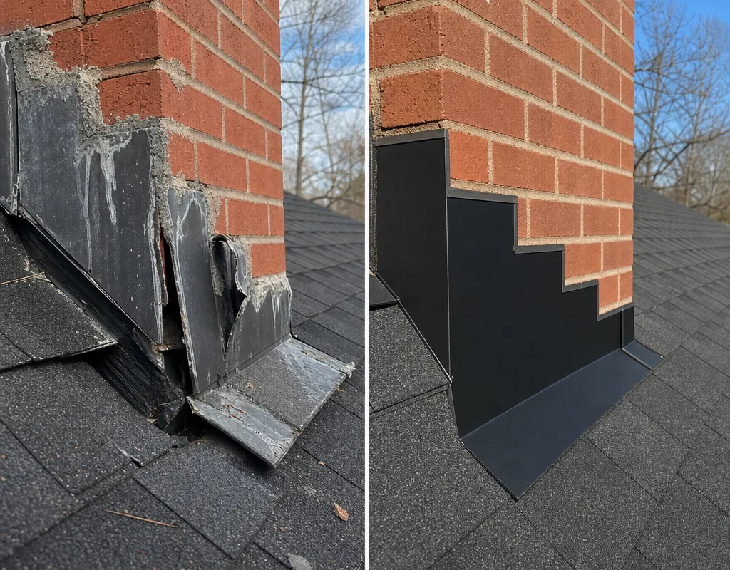 Before and after views of damaged chimney flashing replaced with stepped and sealed flashing