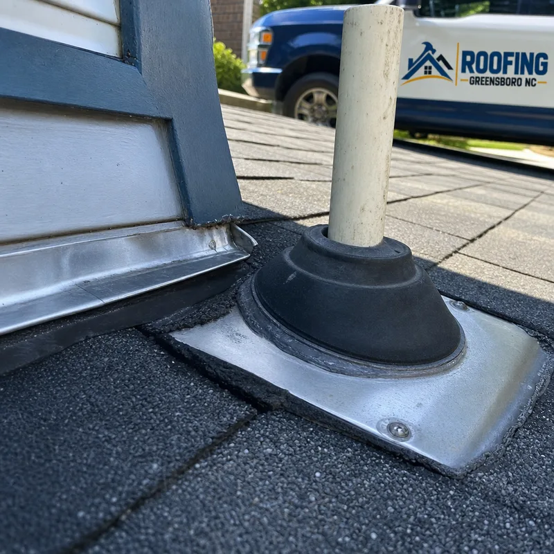 Close-up of roof flashing and a plumbing vent boot on an asphalt shingle roof