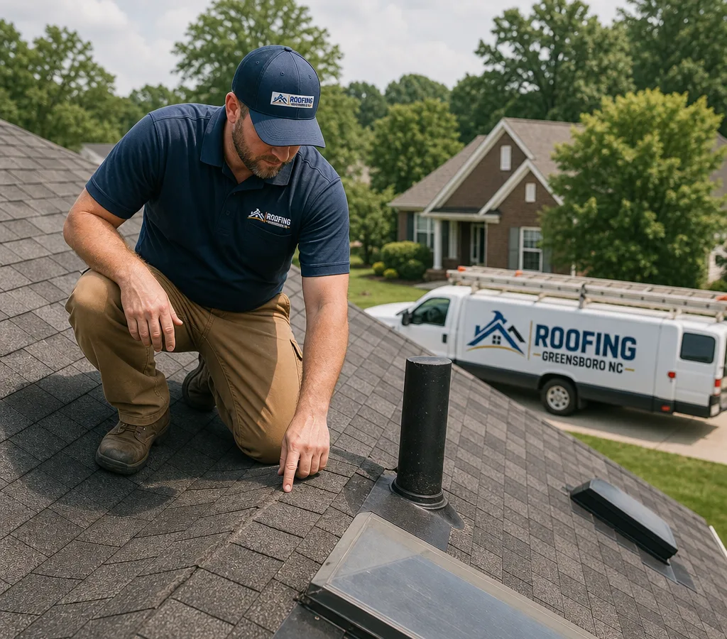 Greensboro roofing crew inspecting shingles, flashing, and roof penetrations on a residential home