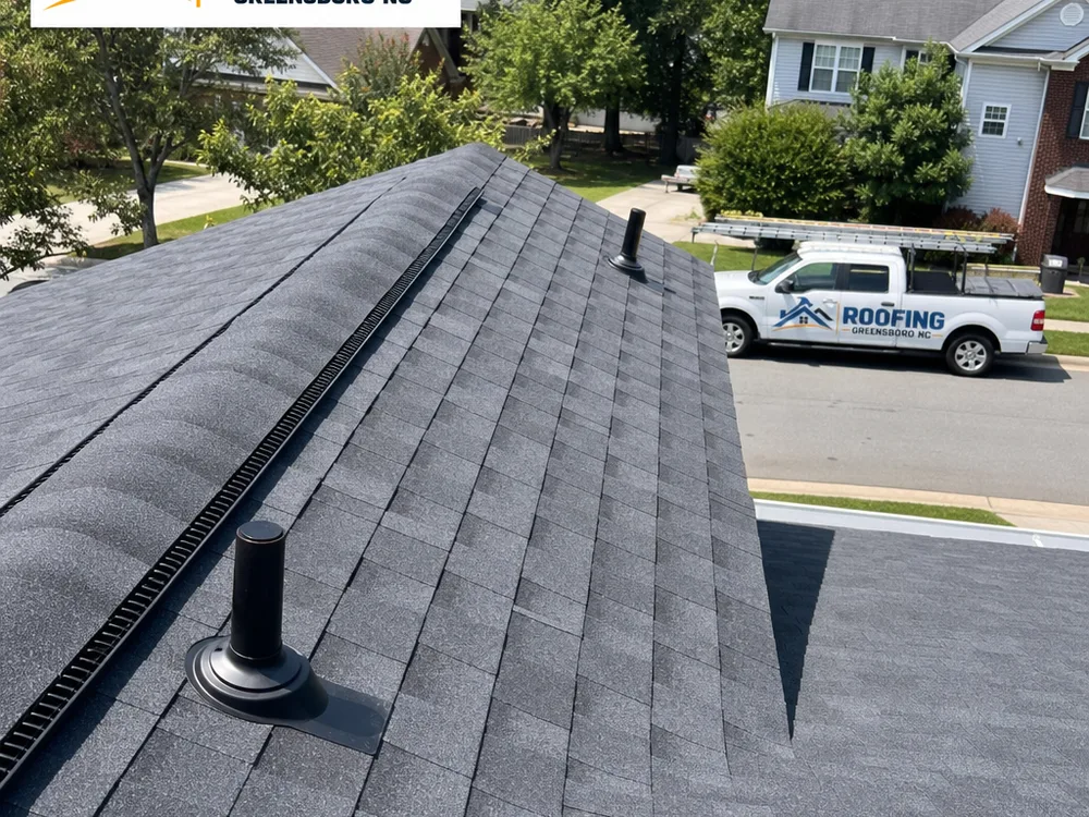 Completed asphalt shingle roof with clean ridge lines, ridge vent, and neat pipe flashing