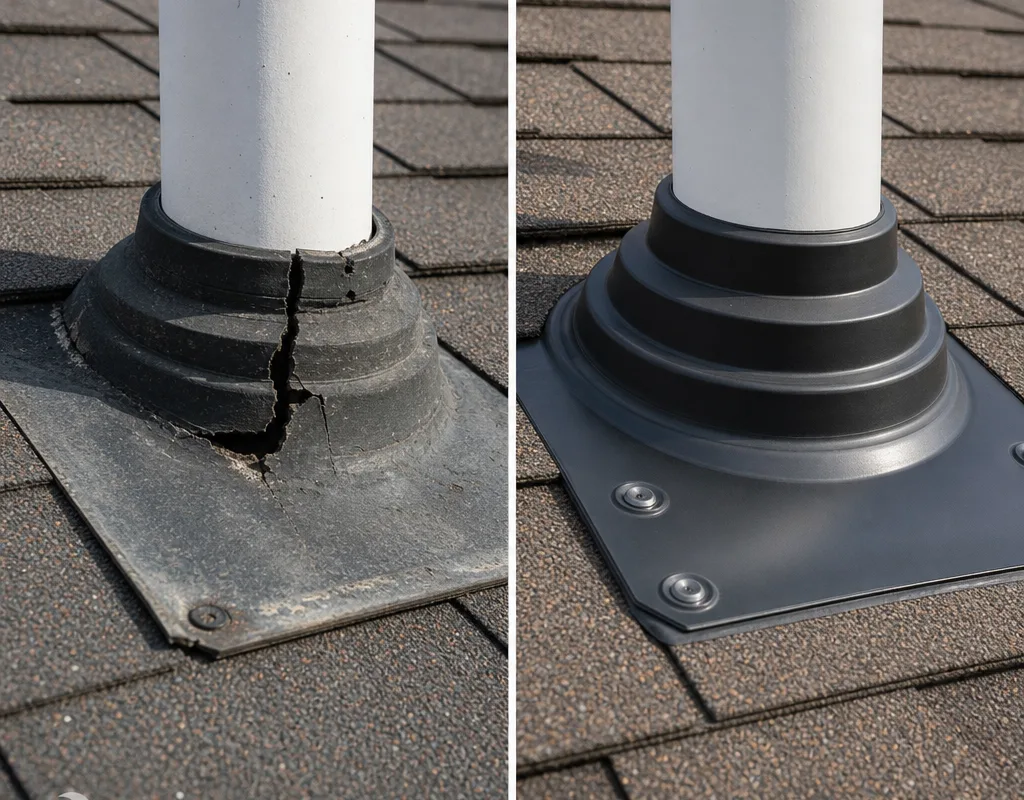 Before-and-after plumbing vent showing a cracked rubber boot followed by a properly sealed new boot and flashing