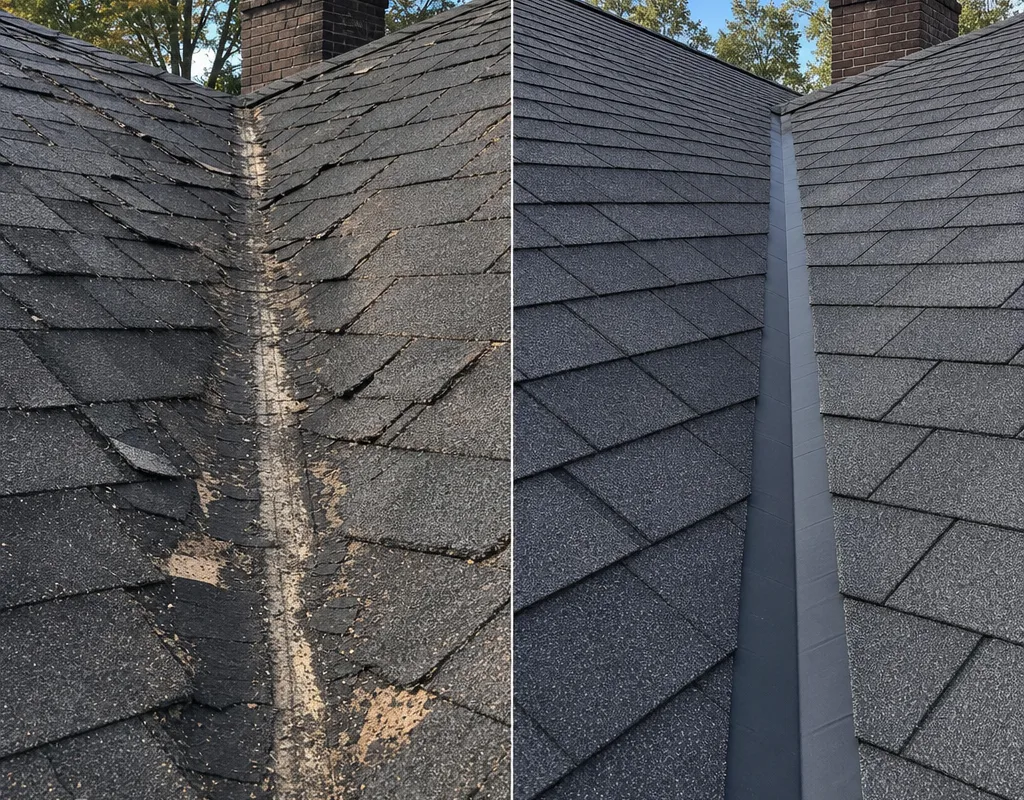 Before-and-after roof valley showing worn shingles and exposed wear lines followed by corrected valley detailing and clean shingle lines