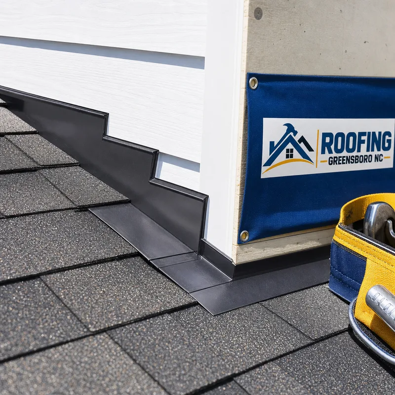 Proper step flashing and counterflashing at a roof sidewall with layered metal detail and intact shingles