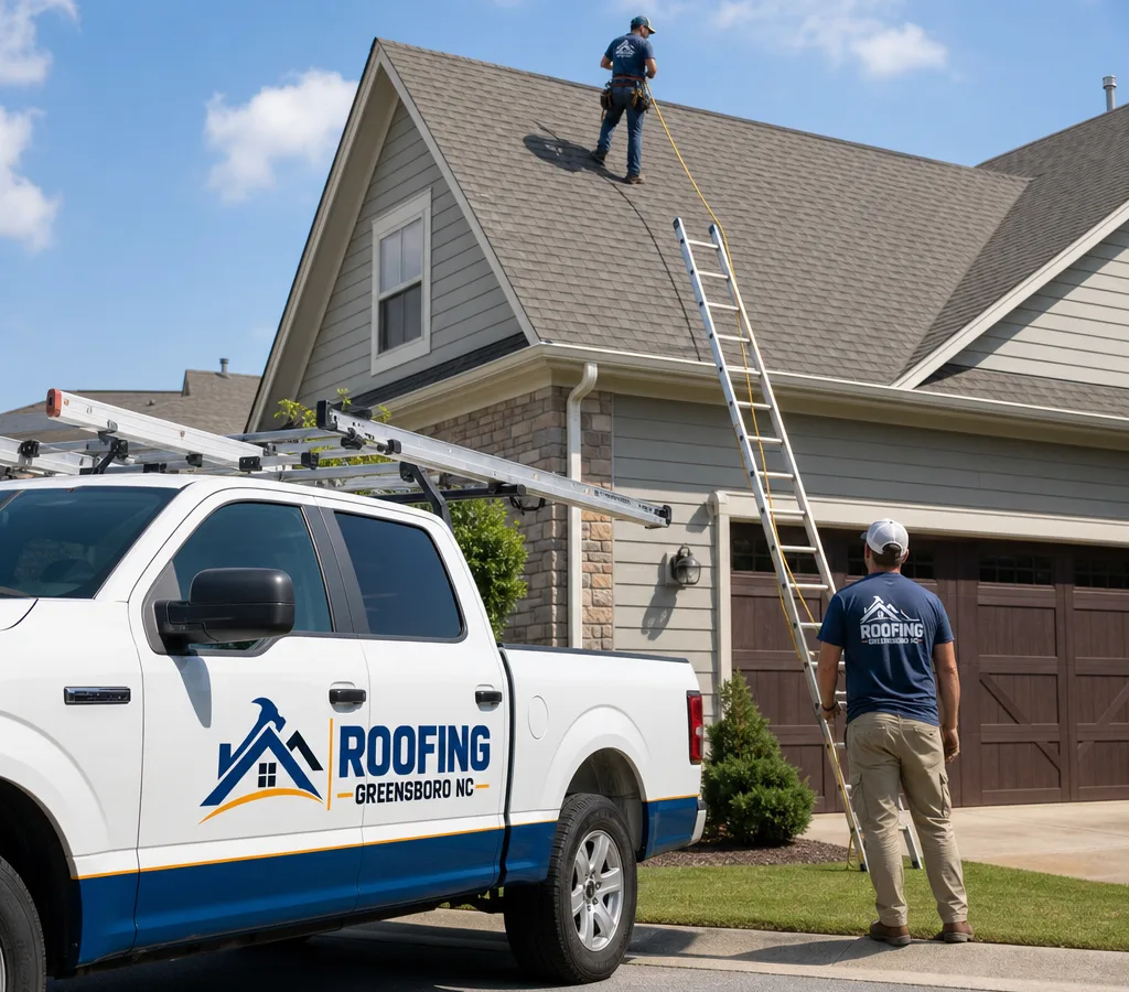 Greensboro roofing crew performing a safe assessment on an asphalt shingle home with a secured ladder, visible roofline, and gutters