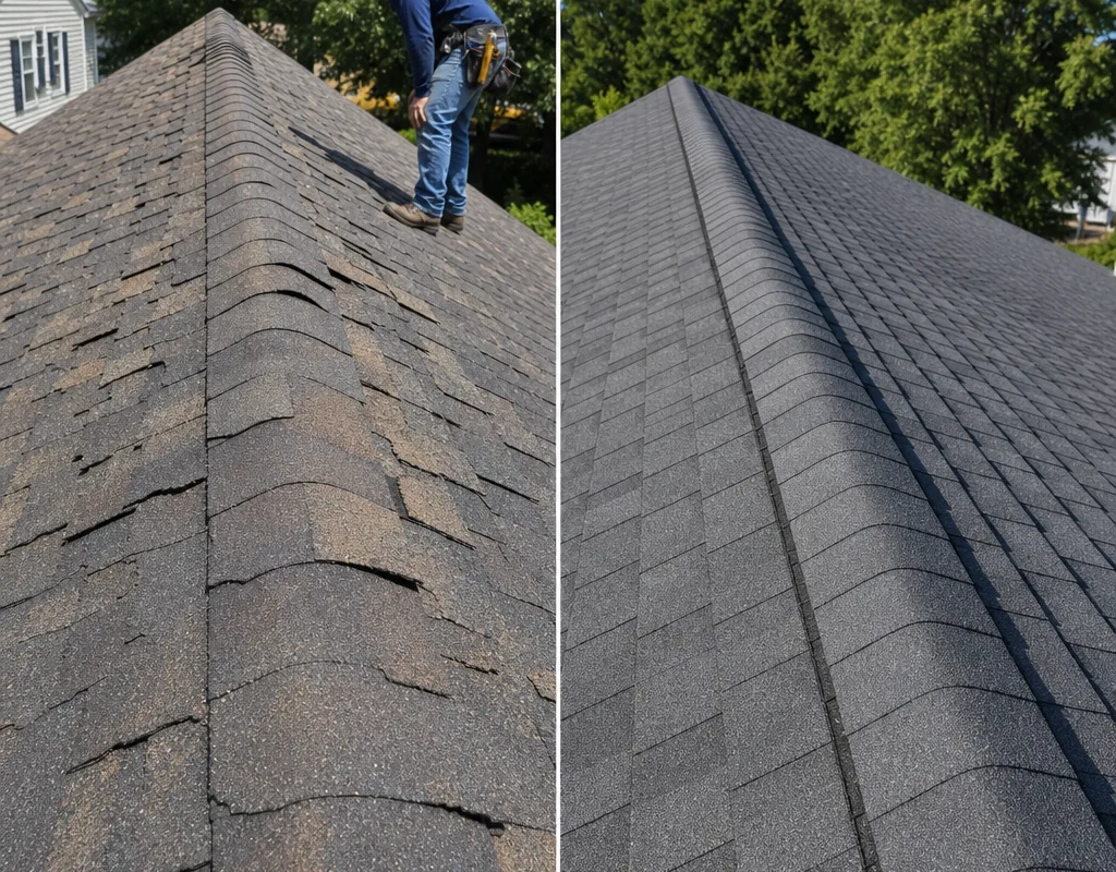 Before and after of a Greensboro home with worn curled shingles replaced by architectural shingles with clean ridge caps and consistent lines