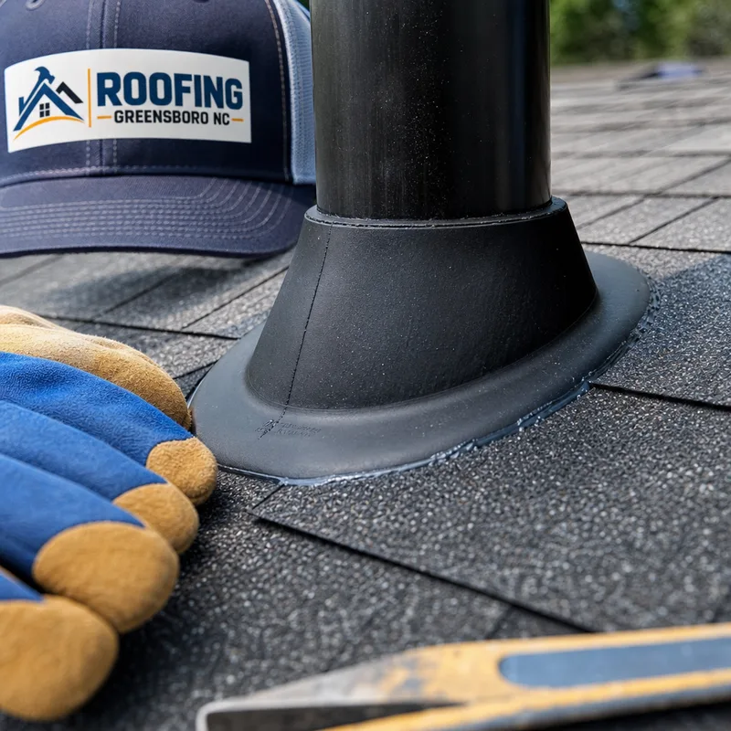 New pipe boot flashing correctly installed with shingles woven around it and sealant applied only where appropriate