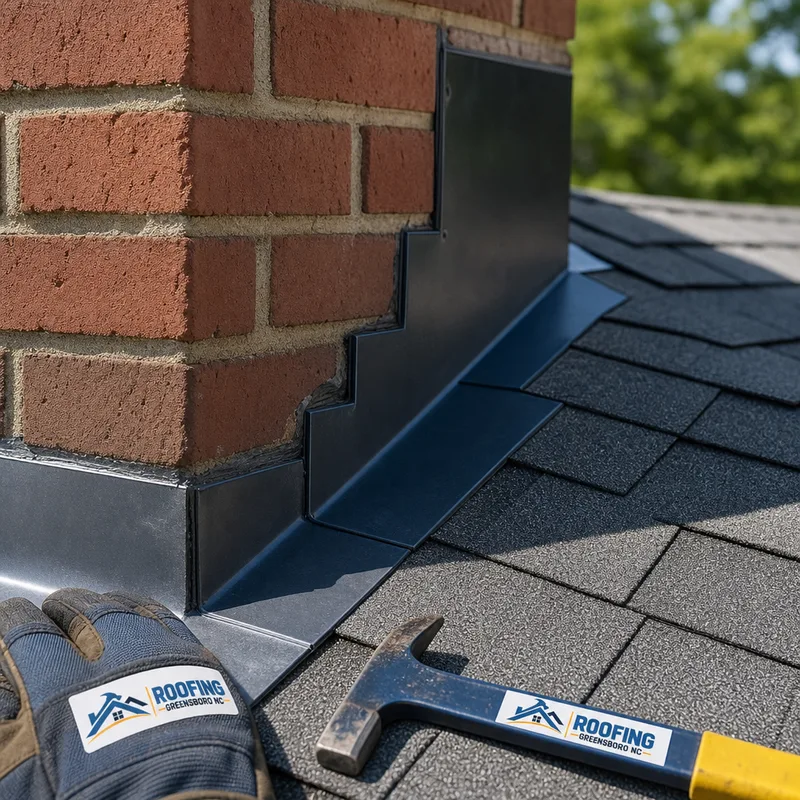Proper step flashing and counterflashing integrated with asphalt shingles at a brick chimney