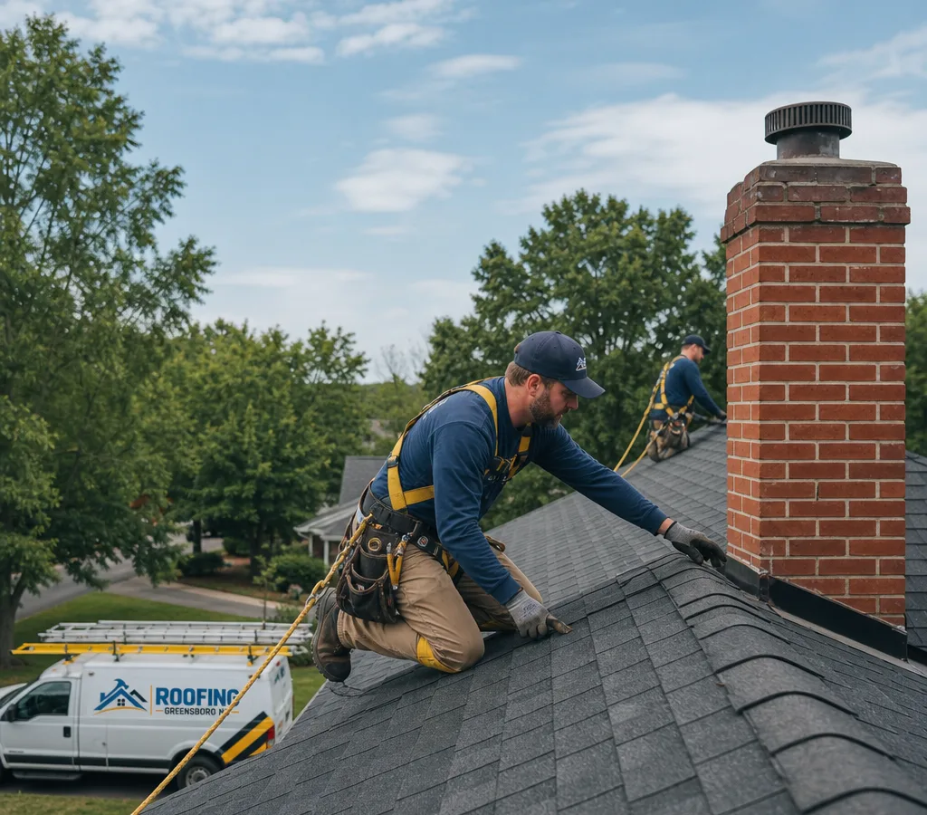 Greensboro roofing crew inspecting a residential roof near a chimney and ridge line with safety harnesses and a clean jobsite