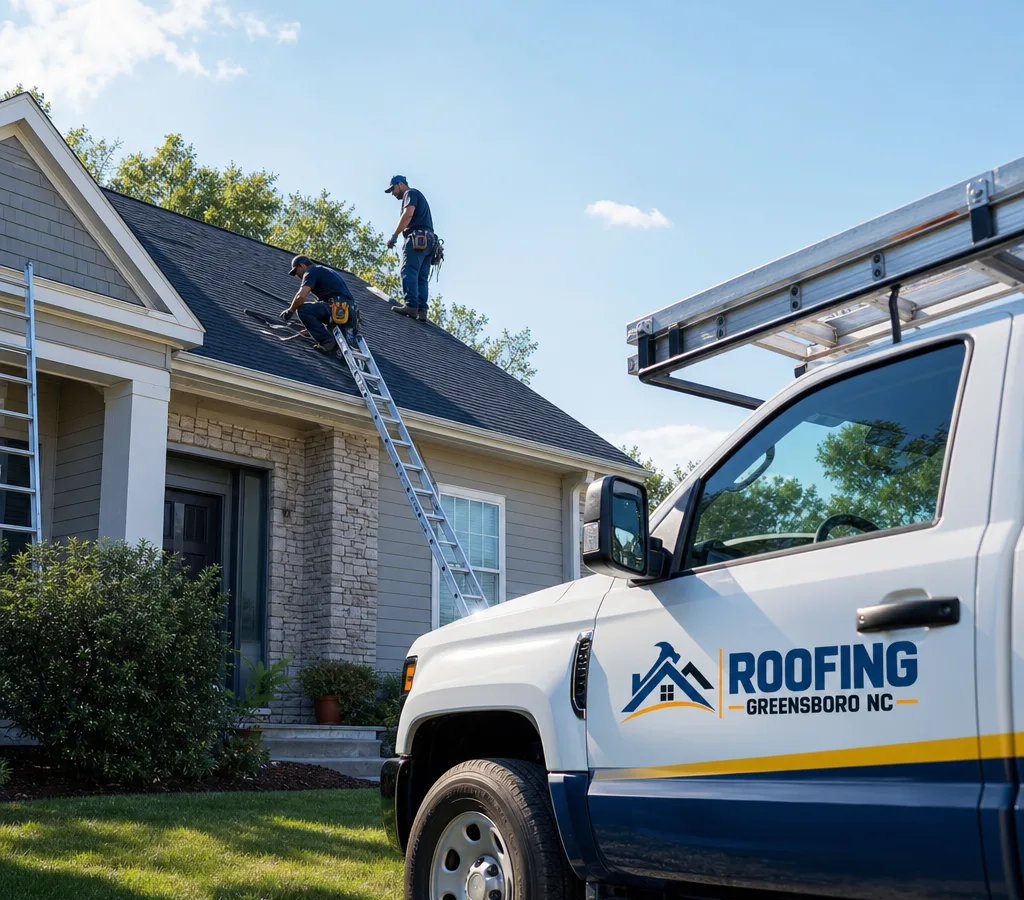 Roofing crew inspecting and repairing an asphalt shingle roof on a Greensboro-area home