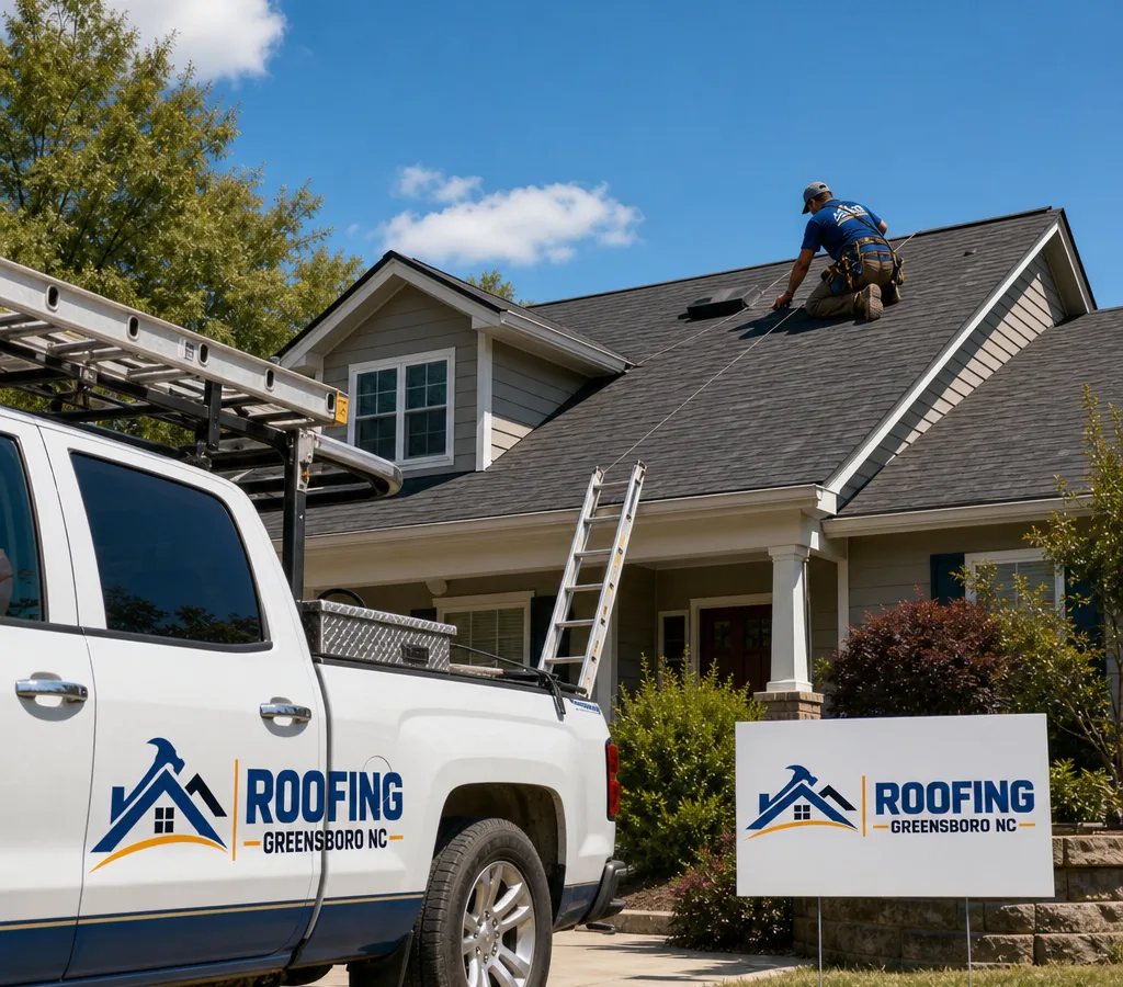 Greensboro roofing crew carefully inspecting a single-family home with safety gear and a clean work setup