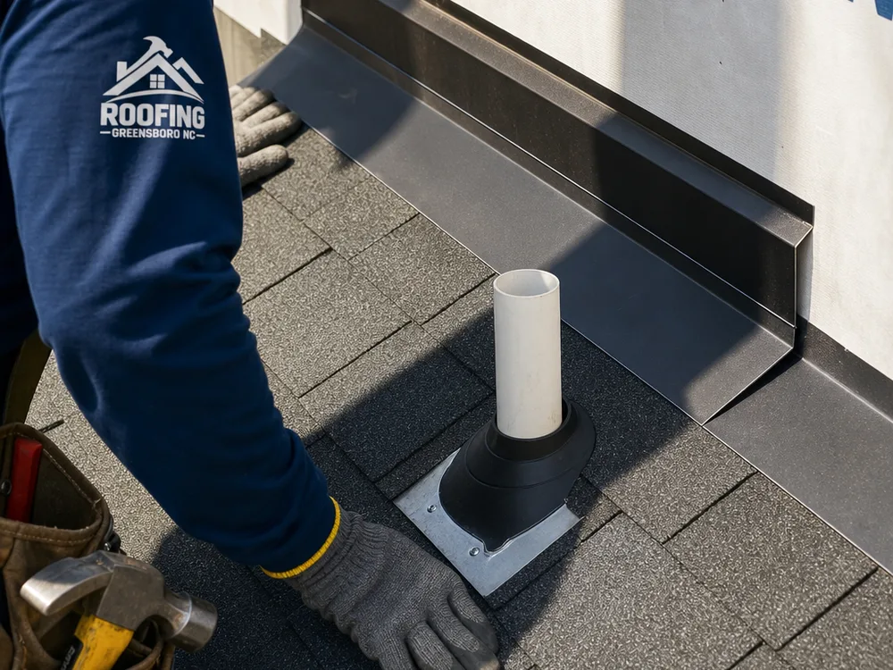 Properly installed wall-to-roof flashing and pipe boot with clean layering and underlayment