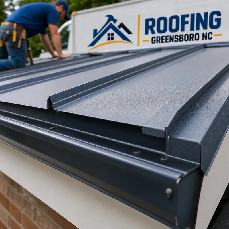 Close-up of a standing seam metal roof joint with hemmed drip edge and neatly installed eave flashing