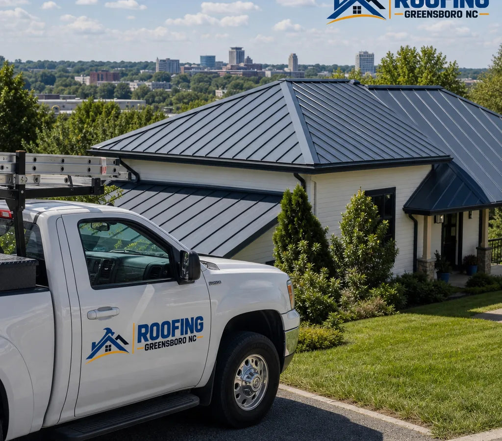 Finished standing seam metal roof on a Greensboro home with crisp ridge and hip lines and properly detailed eaves