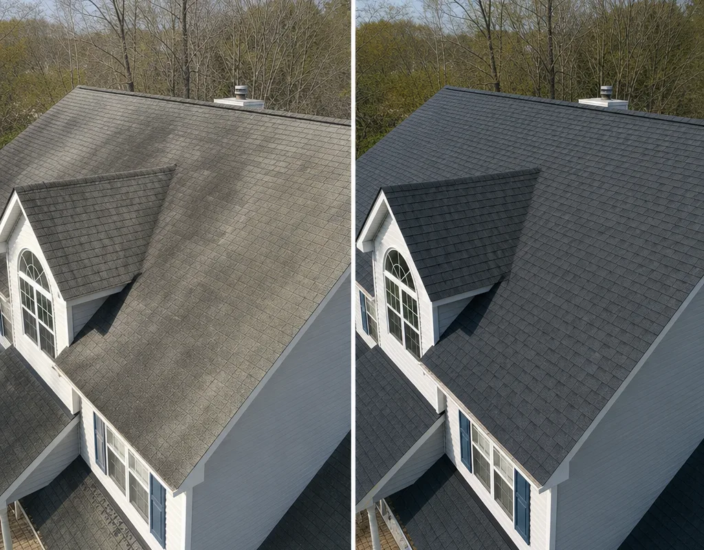 Before and after views of a Greensboro home with worn shingles and a newly installed architectural shingle roof
