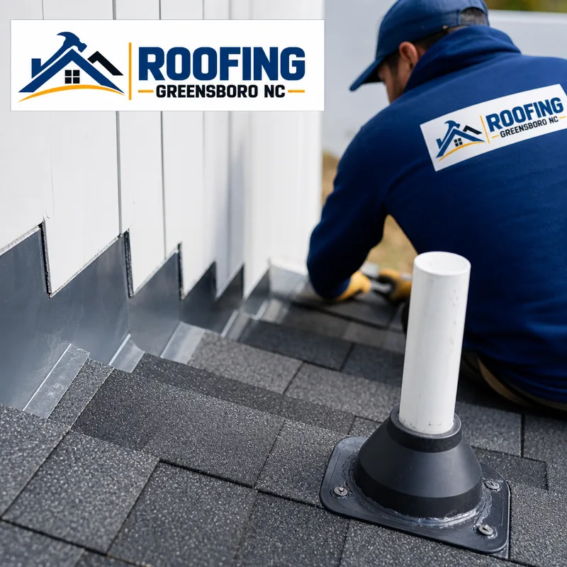 Correct step flashing and a cleanly installed pipe boot on an asphalt shingle roof
