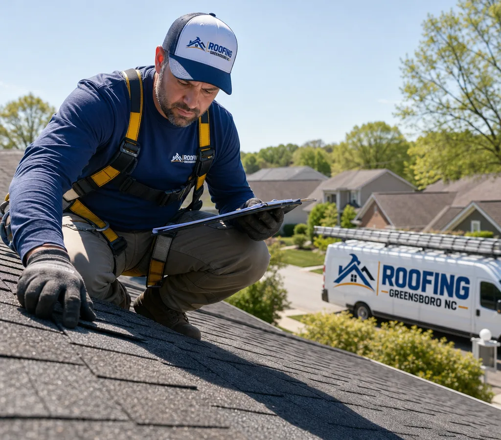 Greensboro roofer in safety gear performing a close assessment of an asphalt shingle roof