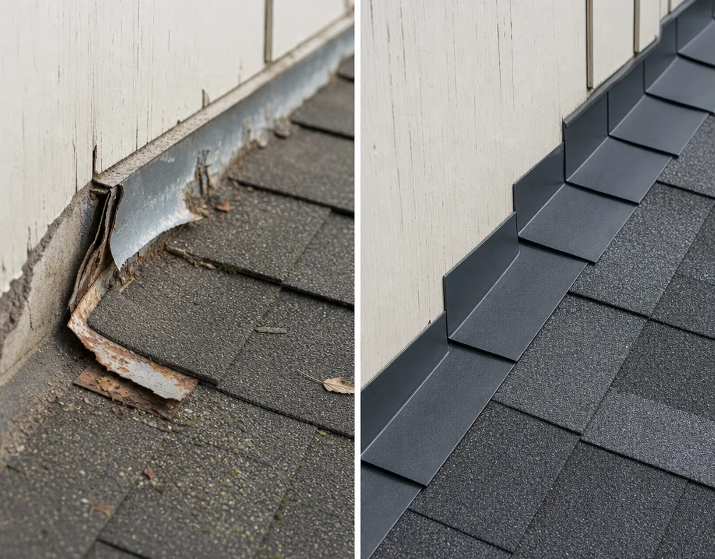 Before and after view of loose roof-to-wall flashing replaced with correctly layered step flashing