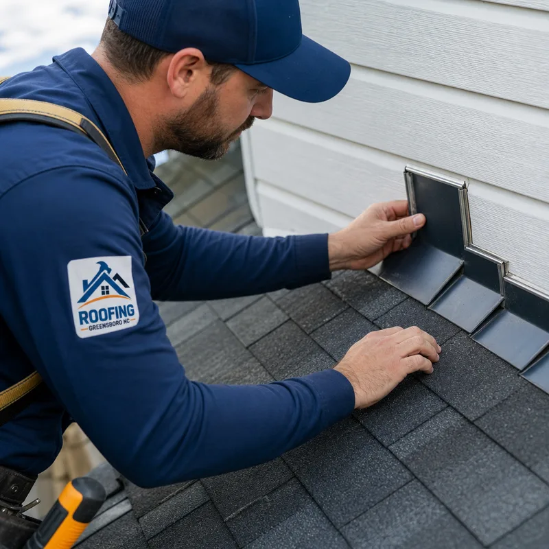 Roofer inspecting step flashing where a roof meets a sidewall, showing layered shingles and metal flashing details