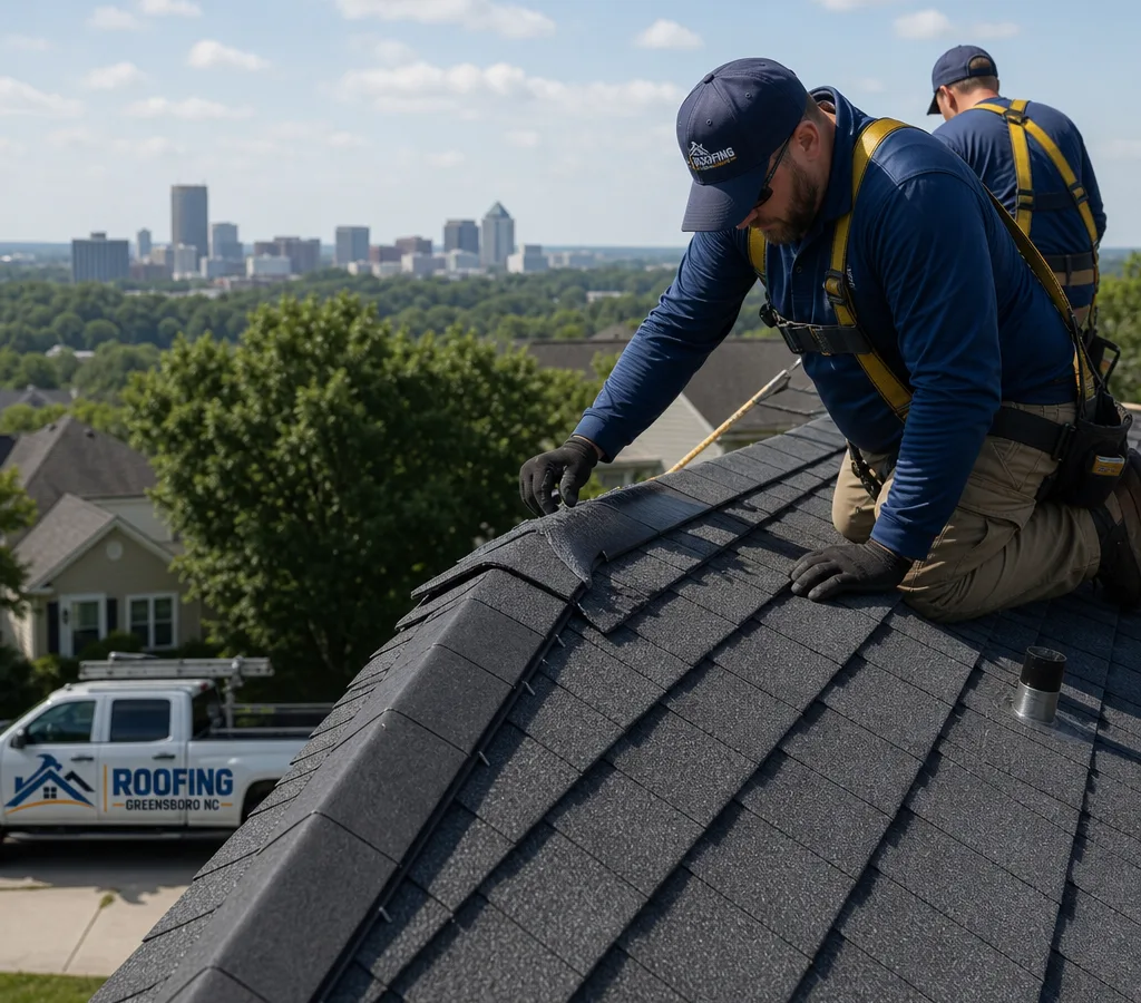 Local roofing crew inspecting a Greensboro home near the ridge line with safety harnesses, shingles, and flashing visible