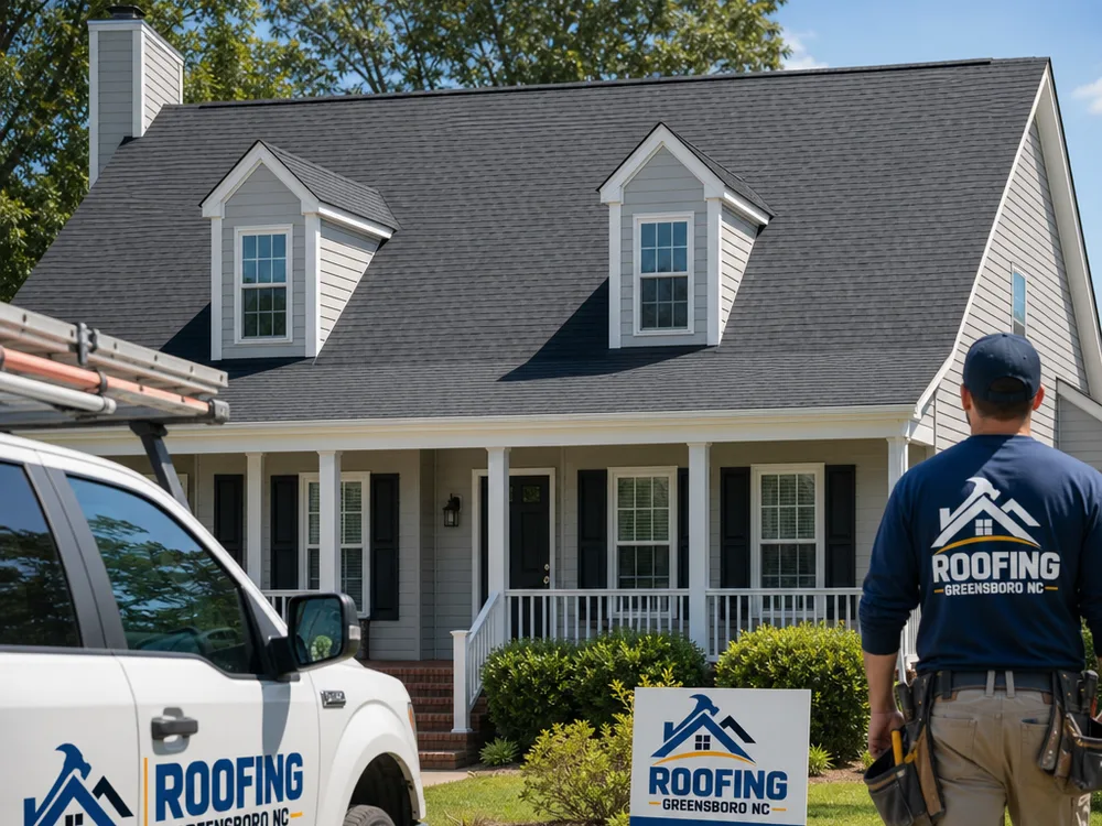 Completed asphalt shingle roof on a Greensboro home with clean ridge cap lines and properly installed drip edge