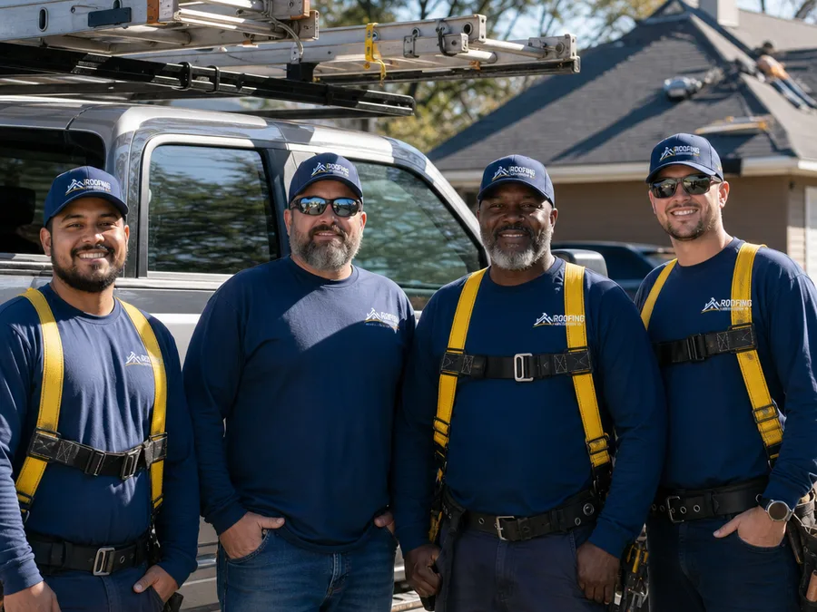 Roofing Greensboro NC crew with safety equipment near their work truck and a residential roof